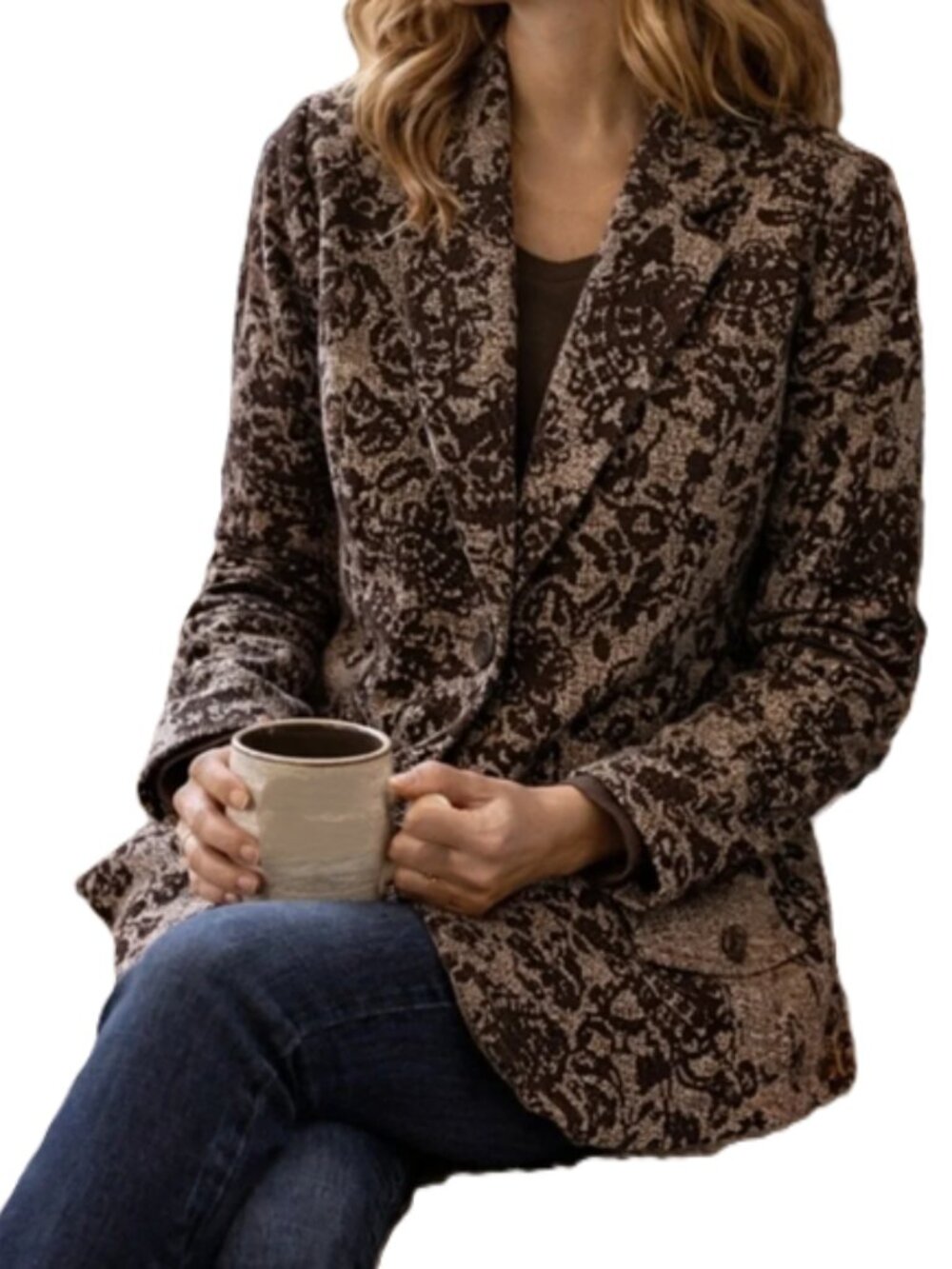 Coldwater Creek Brown Tweed Printed Blazer Jacket size 14 NWT